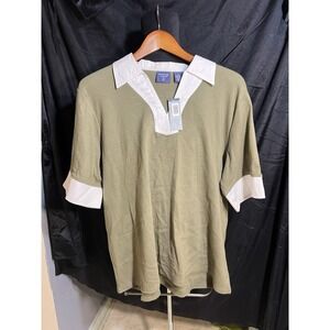 NWT‎ SZ 2X WOMANS BLOUSE OLIVE GREEN WHITE TRIM V NECK (2252)